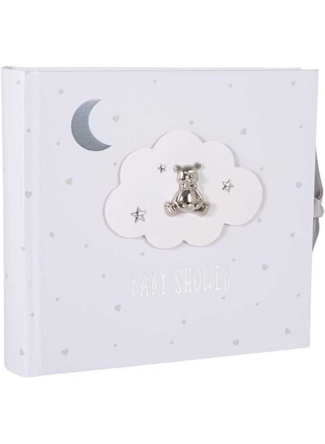 Happy Homewares Beautiful Ivory White Baby Shower Photo Album with Silver Plated Teddy Bear and Stars | Holds 80 Photos | Luxurious Grey Fabric Ribbon - Image 1
