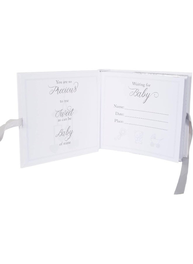 Happy Homewares Beautiful Ivory White Baby Shower Photo Album with Silver Plated Teddy Bear and Stars | Holds 80 Photos | Luxurious Grey Fabric Ribbon - Image 4