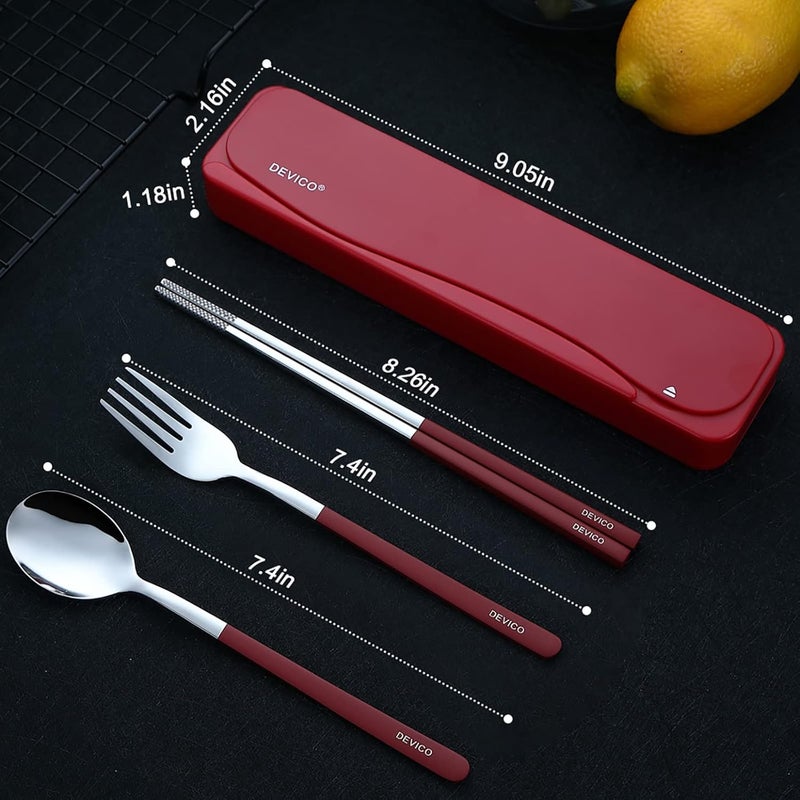 DEVICO Travel Utensils, 18/8 Stainless Steel 4pcs Cutlery Set Portable Camp Reusable Flatware Silverware, Include Fork Spoon Chopsticks with Case (Red) - Image 3