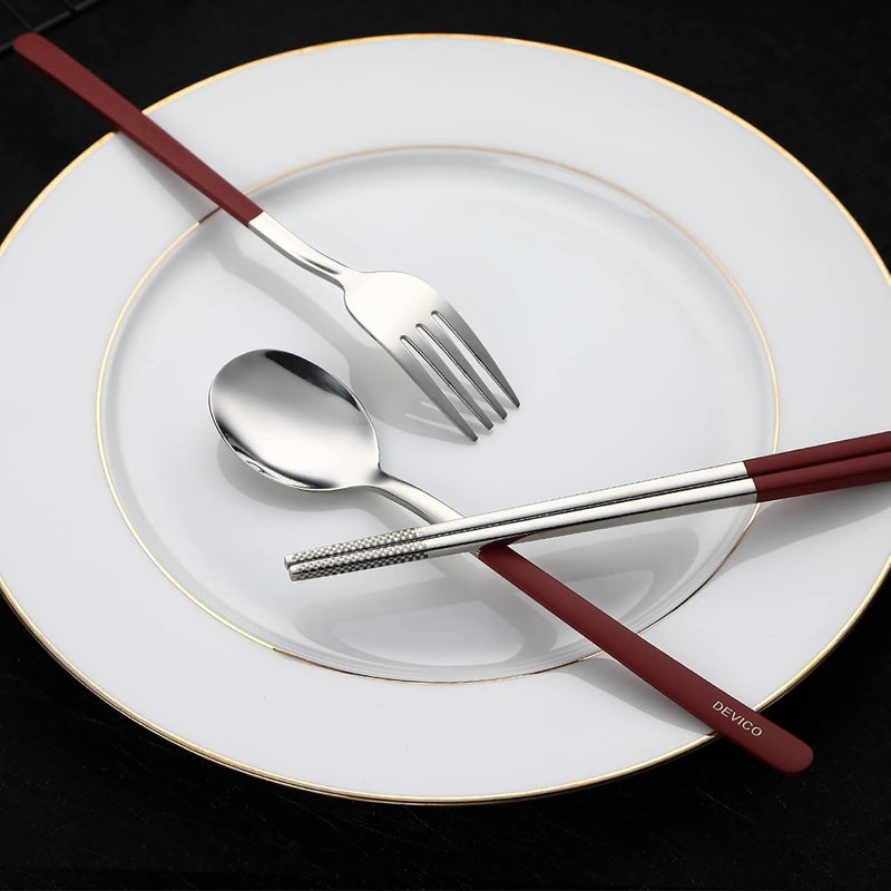 DEVICO Travel Utensils, 18/8 Stainless Steel 4pcs Cutlery Set Portable Camp Reusable Flatware Silverware, Include Fork Spoon Chopsticks with Case (Red) - Image 4