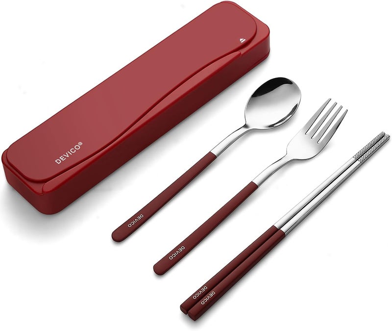 DEVICO Travel Utensils, 18/8 Stainless Steel 4pcs Cutlery Set Portable Camp Reusable Flatware Silverware, Include Fork Spoon Chopsticks with Case (Red) - Image 1