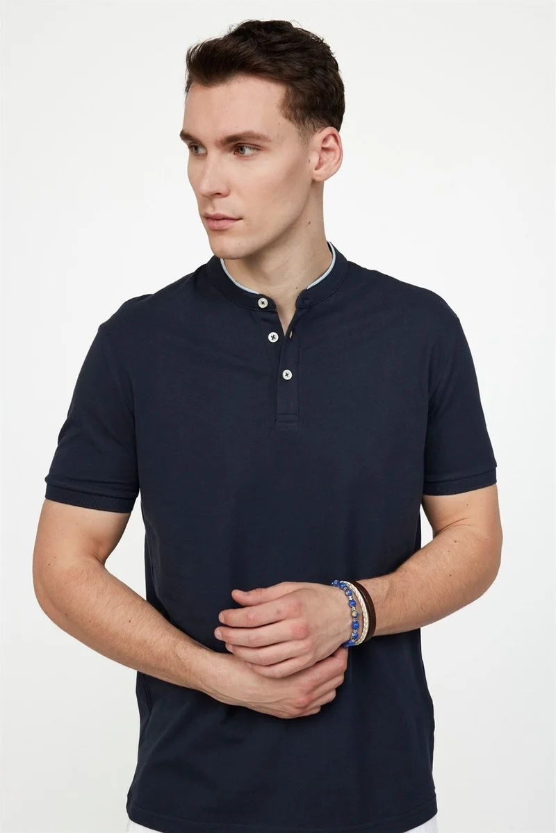 Tudors Men's Slim Fit Narrow Cut 100% Cotton Plain Pique Navy Blue Crew Neck T-Shirt