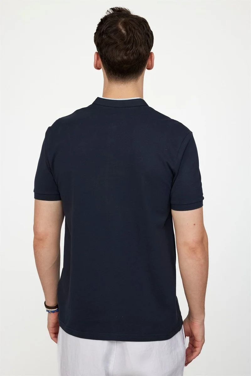 Tudors Men's Slim Fit Narrow Cut 100% Cotton Plain Pique Navy Blue Crew Neck T-Shirt