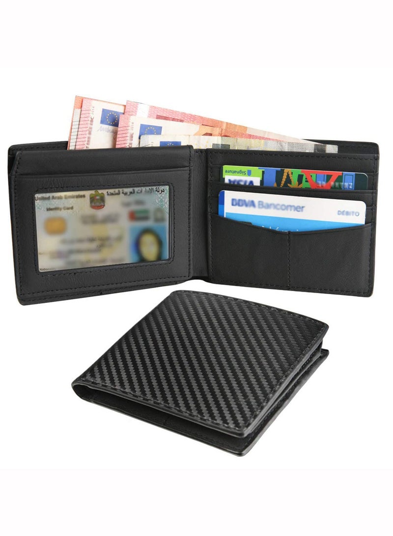PLUSOX Mens Wallet Multi-functional Casual Tersely Leather Trifold Carbon Fiber Rfid Blocking Card Holder Bifold Stylish Wallets with Id Window Gifts for Men Business Black	"PREMIUM QUALITY:The made from han - Image 4