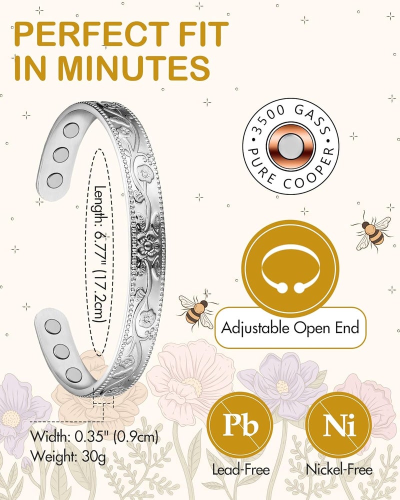 Feraco Copper Bracelet for Women, Magnetic Bracelets for Women, 99.99% Pure Copper Cuff Bangle with 3500 Gauss Magnets (Silver) - Image 4
