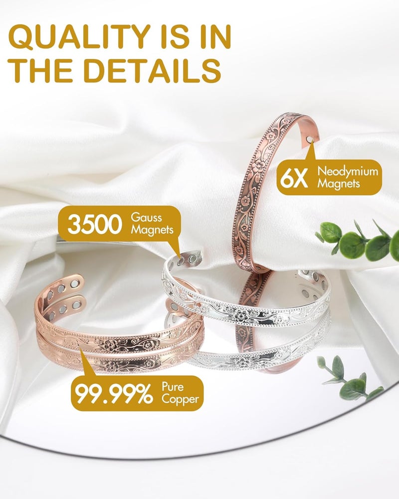 Feraco Copper Bracelet for Women, Magnetic Bracelets for Women, 99.99% Pure Copper Cuff Bangle with 3500 Gauss Magnets (Silver) - Image 2
