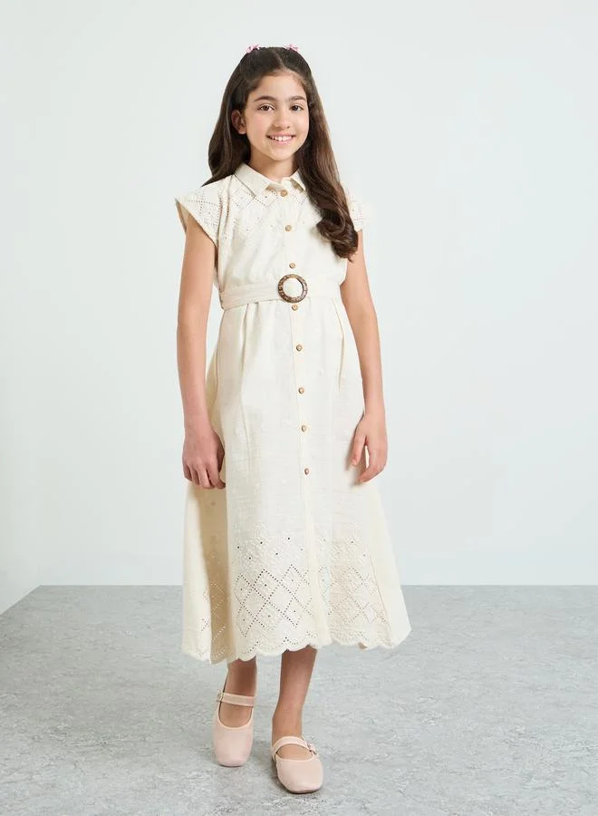 Styli Teen Girls Embroidered Belted Shirt Dress
