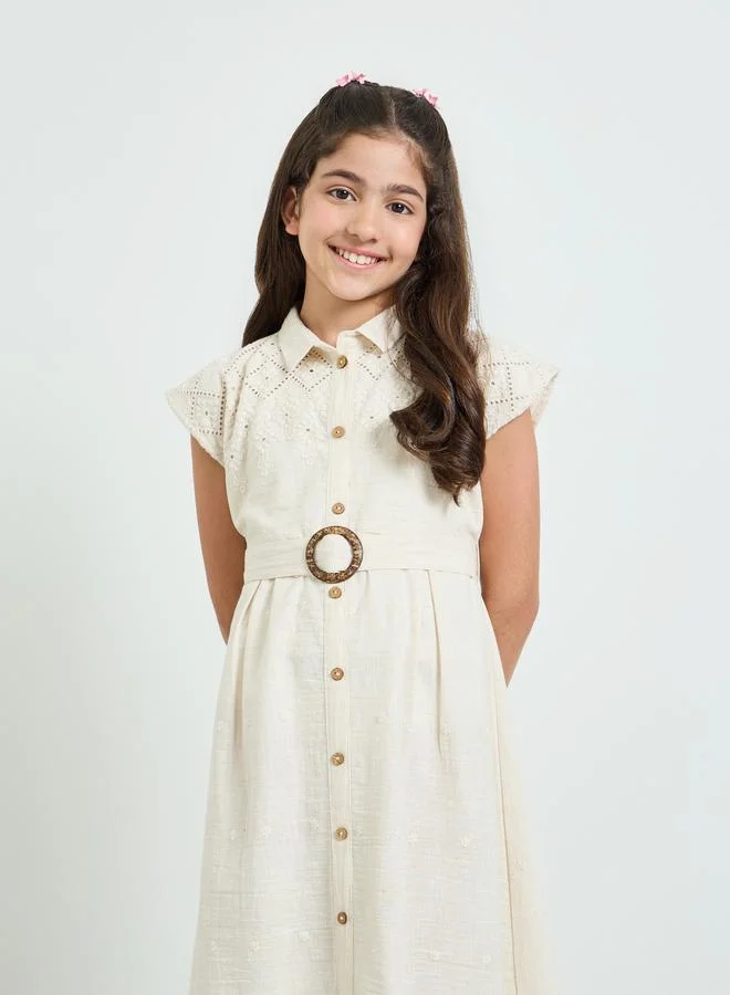 Styli Teen Girls Embroidered Belted Shirt Dress