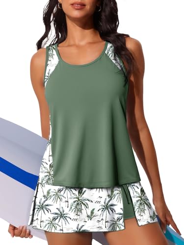 Summer Mae Blouson Tankini Swimsuits for Women 2026 Modest Tummy Coverage Bathing Suits with Skirt and Built-in Shorts Sandy Shore Palms Size 12 - Image 1