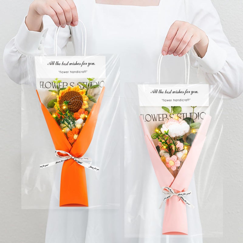 Hotop 2 Pcs Mother's Day Crochet Flowers Bouquet Handmade Knitted Bouquet Artificial Knitted Flowers with Exquisite Wrap for Graduation Wedding Birthday Baby Shower (Sunflower, Rose) - Image 1