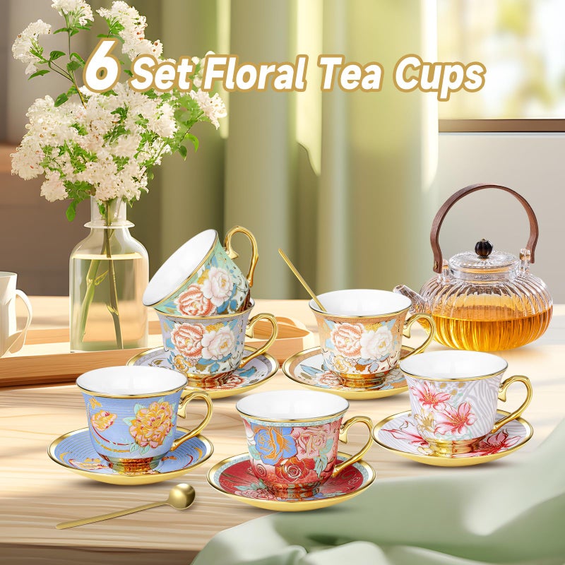 COXTOBRH Tea Cups and Saucers Sets of 6, 8 Oz Floral Tea Cups with Spoons Ceramic Cup and Saucer Set for Cappuccino, Espresso, Coffee, Cafe, Latte, Tea for Tea Birthday - Image 2