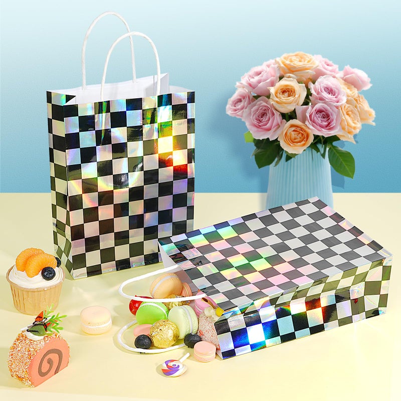 FunnyPars 16Pcs Iridescent Checkered Race Car Party Favor Bags  Black And Iridescent Car Goodie Bags With Handles  Laser Plaid Kraft Paper Candy Gift Treat Bags For Kids Fast Race Car Birthday Party Decorations - Image 5