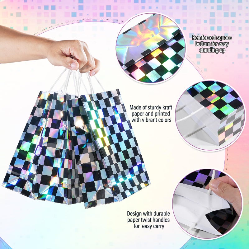 FunnyPars 16Pcs Iridescent Checkered Race Car Party Favor Bags  Black And Iridescent Car Goodie Bags With Handles  Laser Plaid Kraft Paper Candy Gift Treat Bags For Kids Fast Race Car Birthday Party Decorations - Image 3