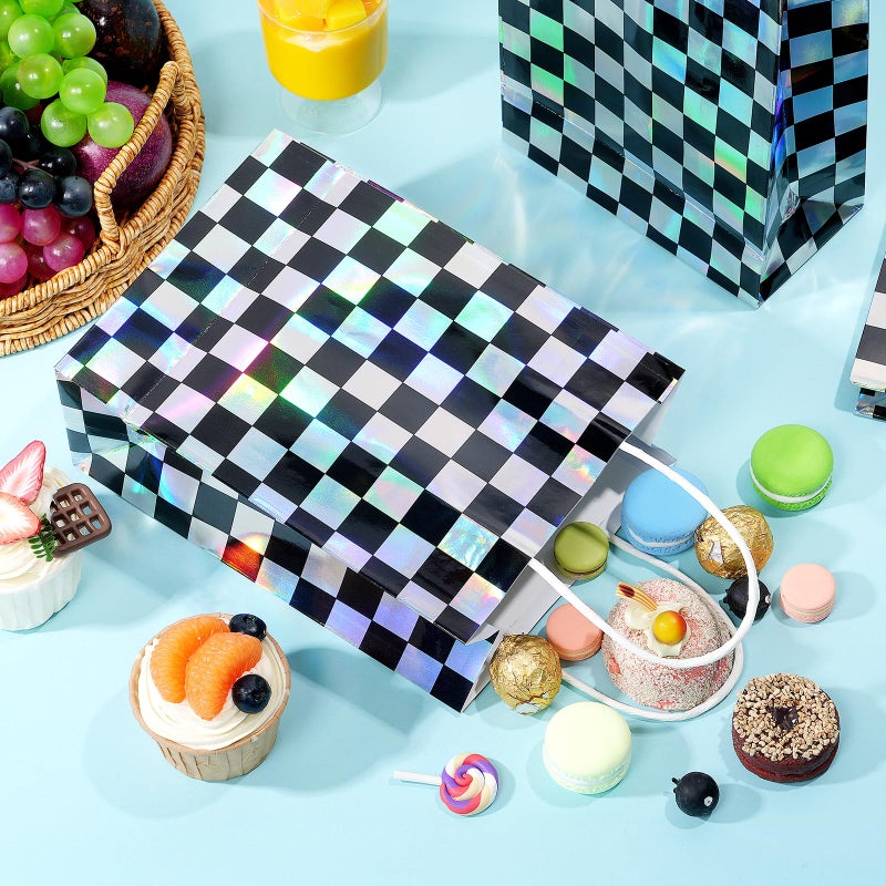FunnyPars 16Pcs Iridescent Checkered Race Car Party Favor Bags  Black And Iridescent Car Goodie Bags With Handles  Laser Plaid Kraft Paper Candy Gift Treat Bags For Kids Fast Race Car Birthday Party Decorations - Image 4