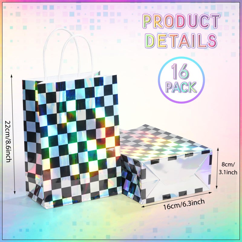 FunnyPars 16Pcs Iridescent Checkered Race Car Party Favor Bags  Black And Iridescent Car Goodie Bags With Handles  Laser Plaid Kraft Paper Candy Gift Treat Bags For Kids Fast Race Car Birthday Party Decorations - Image 2