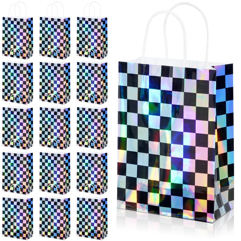 FunnyPars 16Pcs Iridescent Checkered Race Car Party Favor Bags  Black And Iridescent Car Goodie Bags With Handles  Laser Plaid Kraft Paper Candy Gift Treat Bags For Kids Fast Race Car Birthday Party Decorations - Image 1