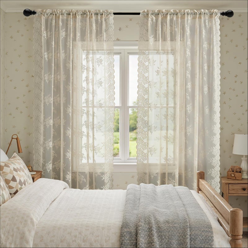 Kotile Beige Lace Curtains 63 Inch Length 2 Panels, Country Rustic Floral Patterned Vintage Beige Sheer Curtains for Bedroom, Rod Pocket Privacy Light Filtering Sheer Window Drapes, 42 x 63 Inch - Image 5