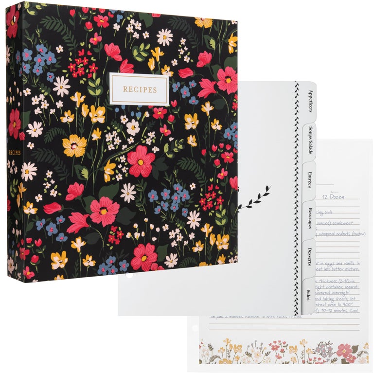 Jot Mark 85 x 11 Sturdy 3 Ring Recipe Binder with SpillProof Clear Binder Sleeves Sheet Protector 30 DualSided Recipe Card Pages for Written Printed Recipes Tabbed Dividers Midnight Bloom