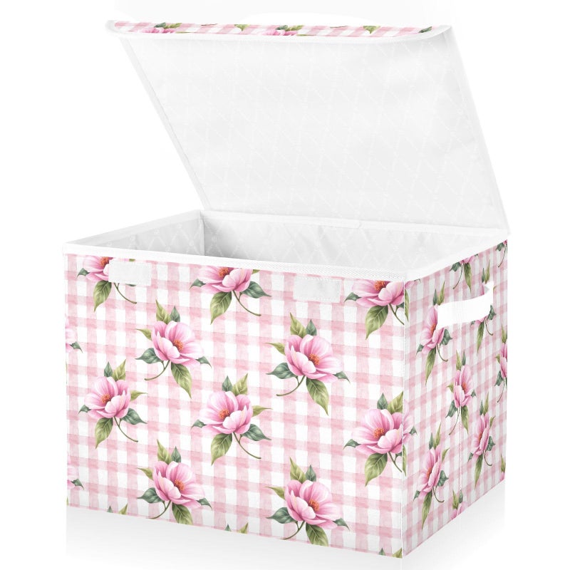 senya Flower Storage Baskets Collapsible Bins with Lids Pink Rose Flower Floral Buffalo Plaid Checkered Storage Boxes Clothes Baskets for Organizing - Image 2