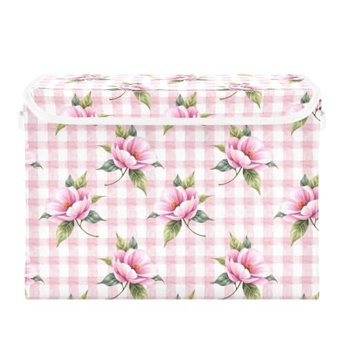 senya Flower Storage Baskets Collapsible Bins with Lids Pink Rose Flower Floral Buffalo Plaid Checkered Storage Boxes Clothes Baskets for Organizing - Image 3