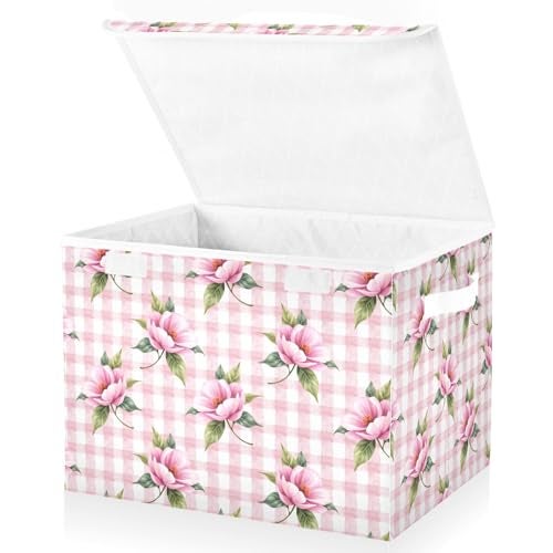 senya Flower Storage Baskets Collapsible Bins with Lids Pink Rose Flower Floral Buffalo Plaid Checkered Storage Boxes Clothes Baskets for Organizing - Image 1
