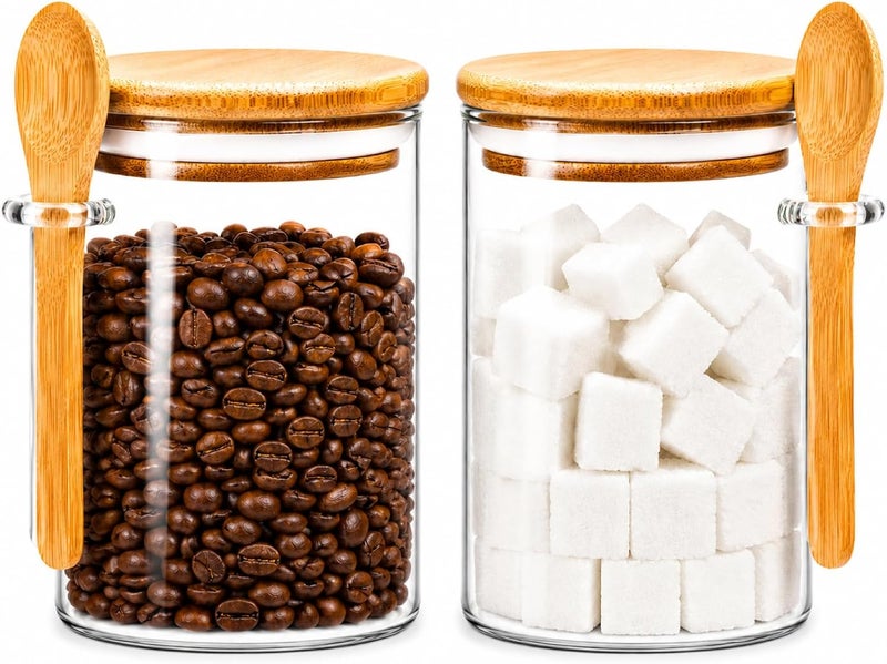 PFUM Airtight Glass Sugar Container, 20oz Storage Jars With Wooden Spoons and Lids, Leak-Proof Glass Jars for Serving Coffee, Sugar, Spices, Tea, and As Overnight Oats or Yogurt Cups(2 Pack) - Image 1