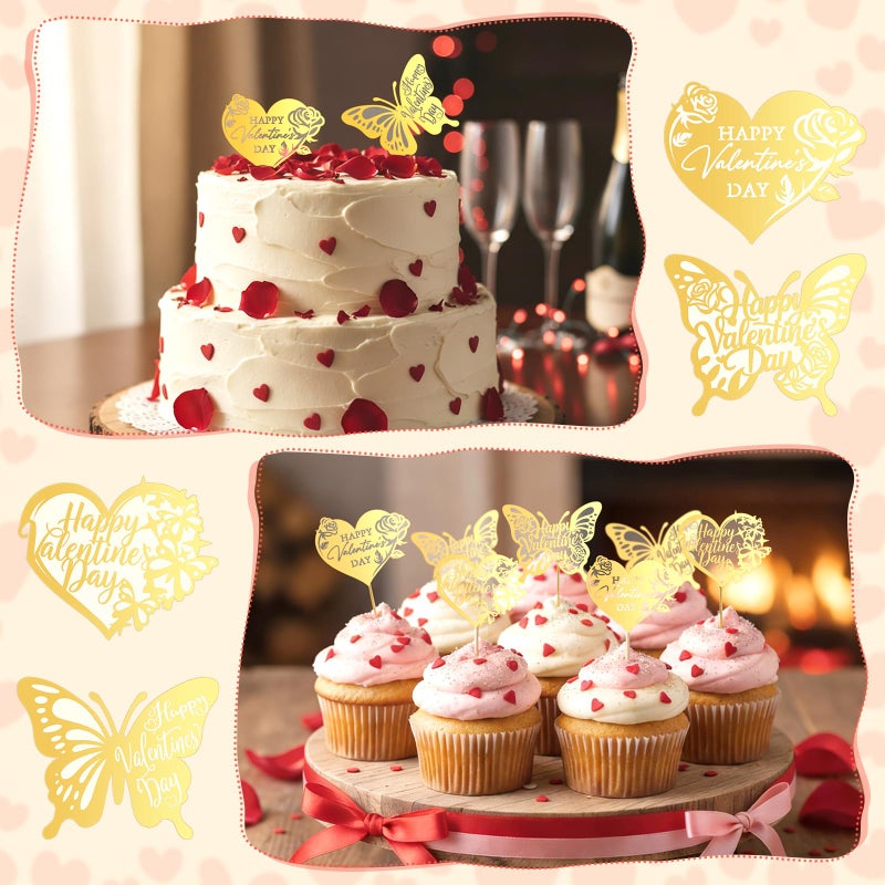 Capoda 24 Pcs Happy Valentine's Day Cupcake Toppers Glitter Gold Acrylic Valentine Cupcake Picks with Heart Butterfly Rose Reusable Valentine Cake Dessert Decor for Party Supplies Baking Decor - Image 4