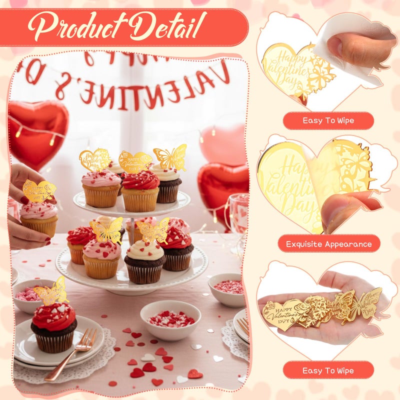 Capoda 24 Pcs Happy Valentine's Day Cupcake Toppers Glitter Gold Acrylic Valentine Cupcake Picks with Heart Butterfly Rose Reusable Valentine Cake Dessert Decor for Party Supplies Baking Decor - Image 3