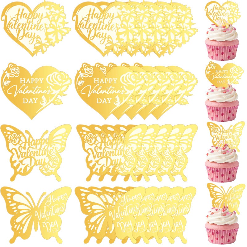 Capoda 24 Pcs Happy Valentine's Day Cupcake Toppers Glitter Gold Acrylic Valentine Cupcake Picks with Heart Butterfly Rose Reusable Valentine Cake Dessert Decor for Party Supplies Baking Decor - Image 1