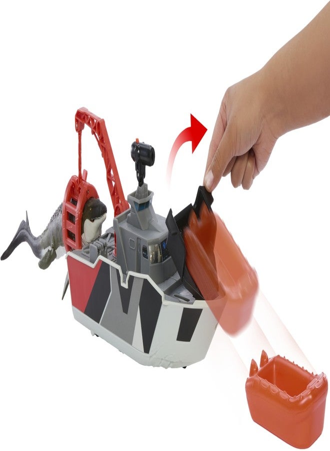 MATCHBOX مجموعة ألعاب سيارات ماتش بوكس، قارب الديناصور من عالم الديناصورات 12.5 بوصة مع ديناصور موسازوروس 13 بوصة، جيب مصبوب 1:64، صواريخ harpoon وقارب إنقاذ قابل للفصل - Image 5