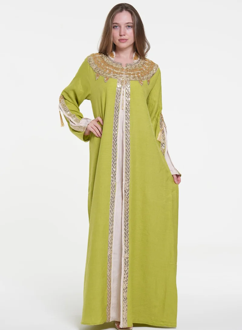 AL BENT AL SHARQIEH green linen jalabiya , arabian traditional dress for Women | Best Price UAE