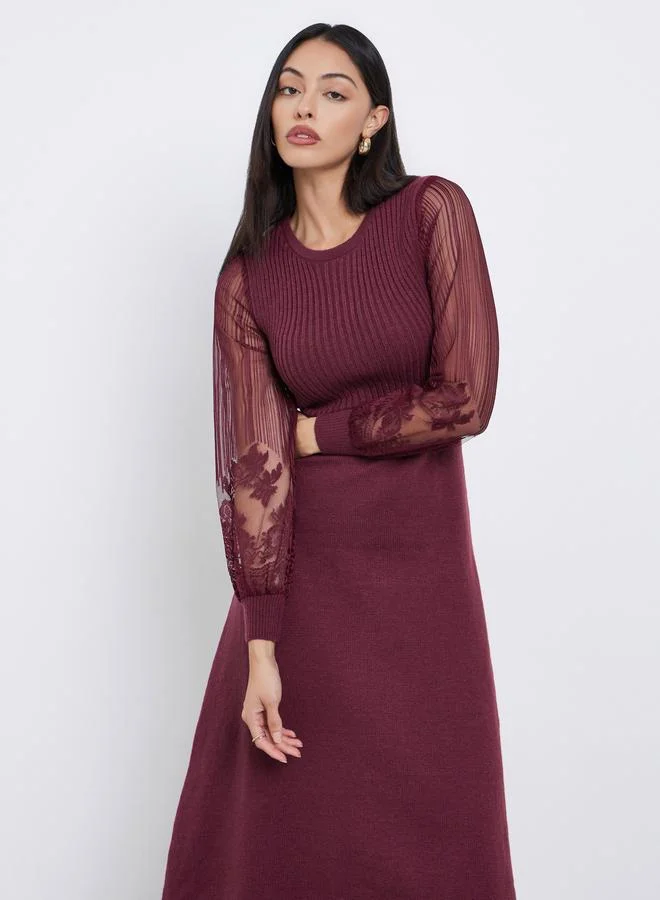 Styli Styli Maroon Lace Sleeve Knitted Sweater Midi Dress