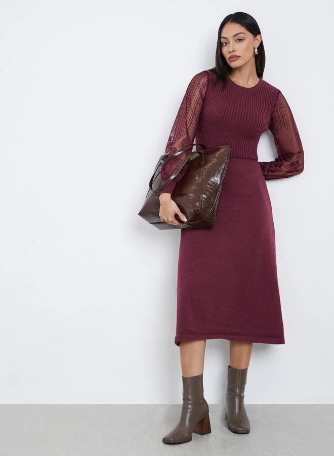 Styli Styli Maroon Lace Sleeve Knitted Sweater Midi Dress