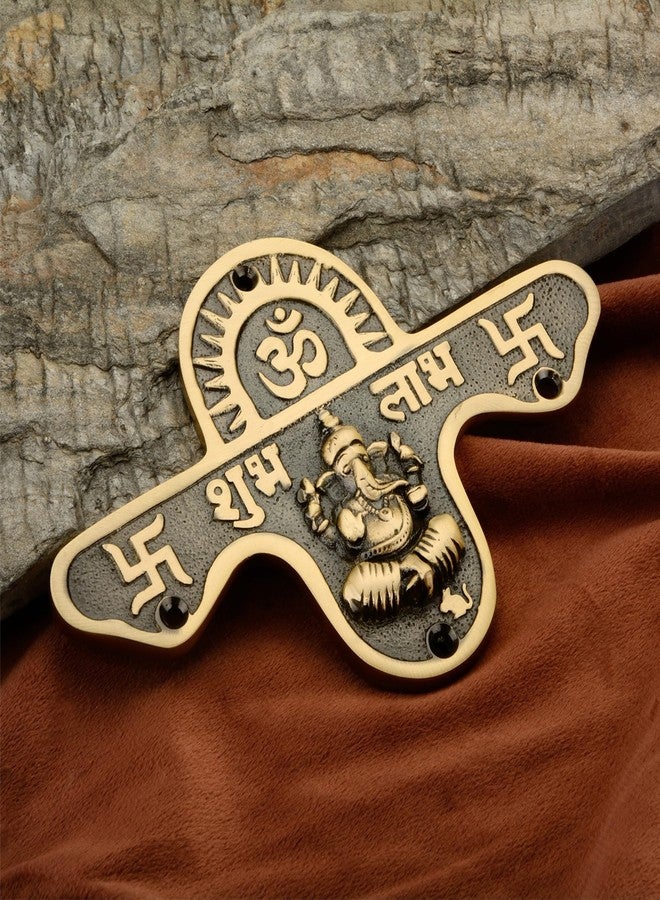 DEVDECOR, Brass Shubh Labh Wall Hanging with Lord Ganesha Idol - 6.4 inch Decorative Hindu Door/Entrance Plaque with Om & Swastik Symbols for Home Temple & Vastu - Image 1