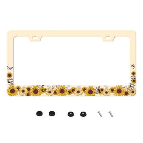 UNINDREM Vintage Sunflower Pattern License Plate Frame Funny Stainless Steel Sunflower Floral License Plate Frames Auto Parts Decoration with Screws License Plate Holder for Men Women 12x6 in - Image 1