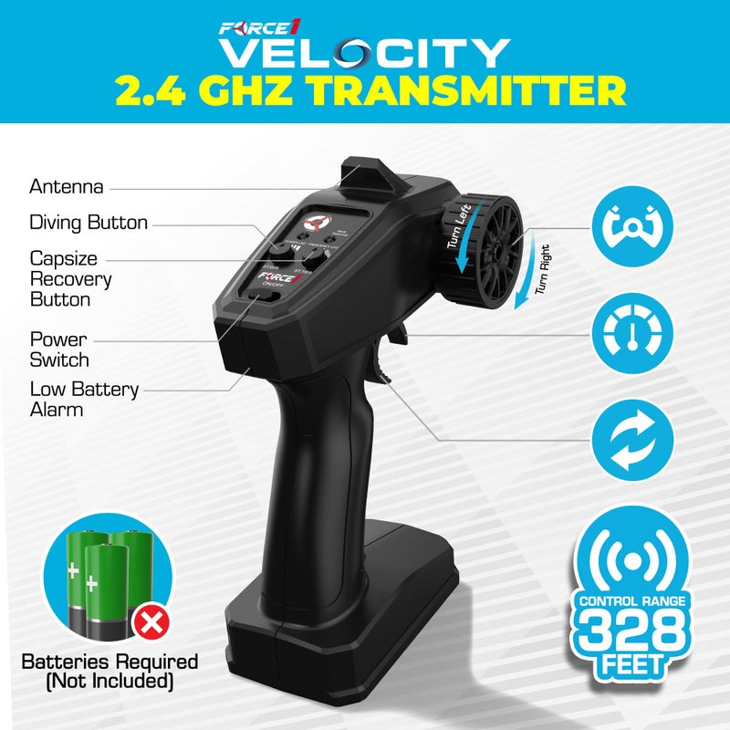 Force1 Velocity Blue Fast RC Boat- Remote Control Boats for Adults and Kids, Underwater Speed Racing Mini RC Boats for Pools and Lakes, 2.4GHZ Transmitter, 2 Rechargeable Batteries, Low Battery Alert - Image 4