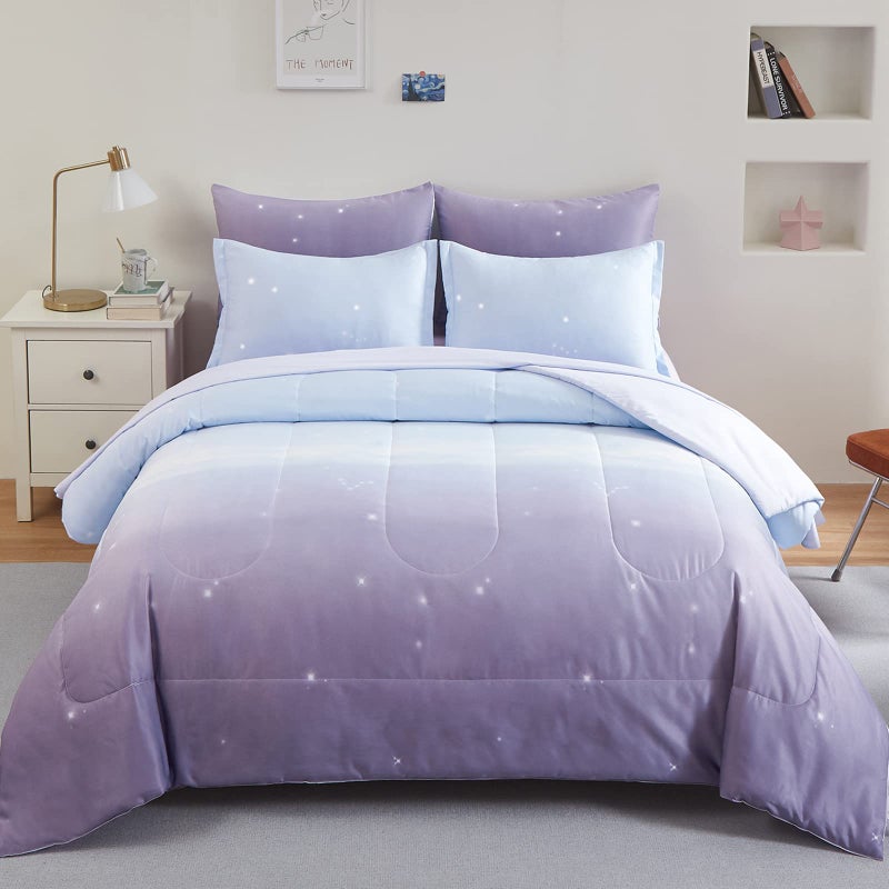 Girls Comforter Set Twin Size 6 Pieces Colorful Ombre Purple Rainbow Bedding Set Bed in A Bag for Kids Teen Girls 1 Comforter 1 Flat Sheet 1 Fitted Sheet 1 Pillow sham 2 Pillowcases