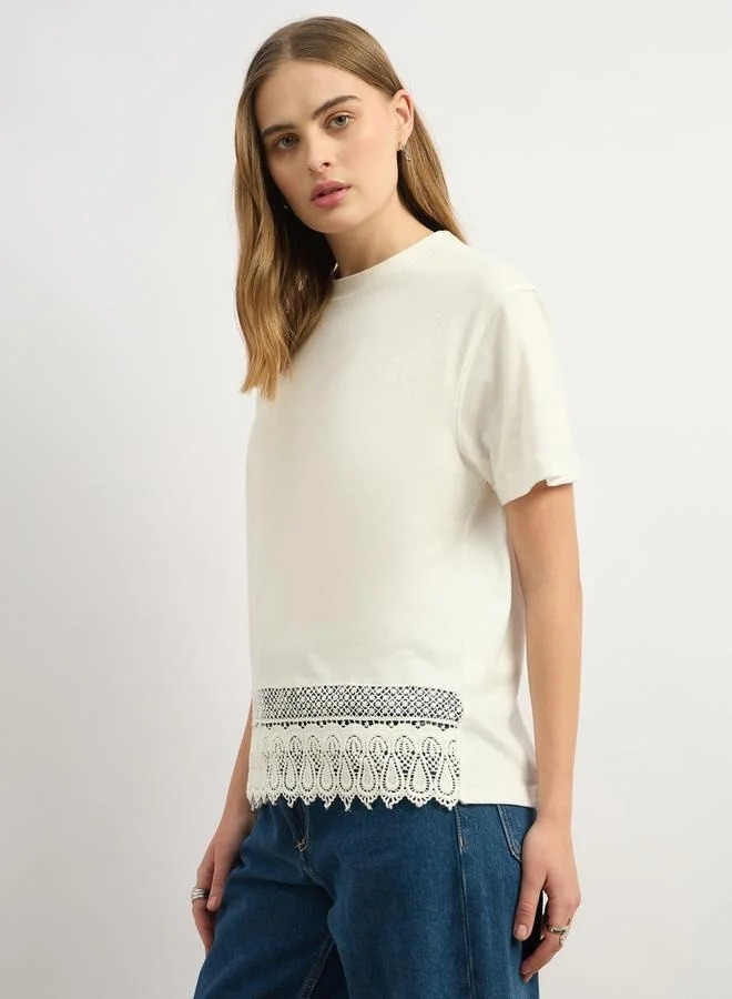 Styli Lace Hem Round Neck Boxy Fit T-Shirt