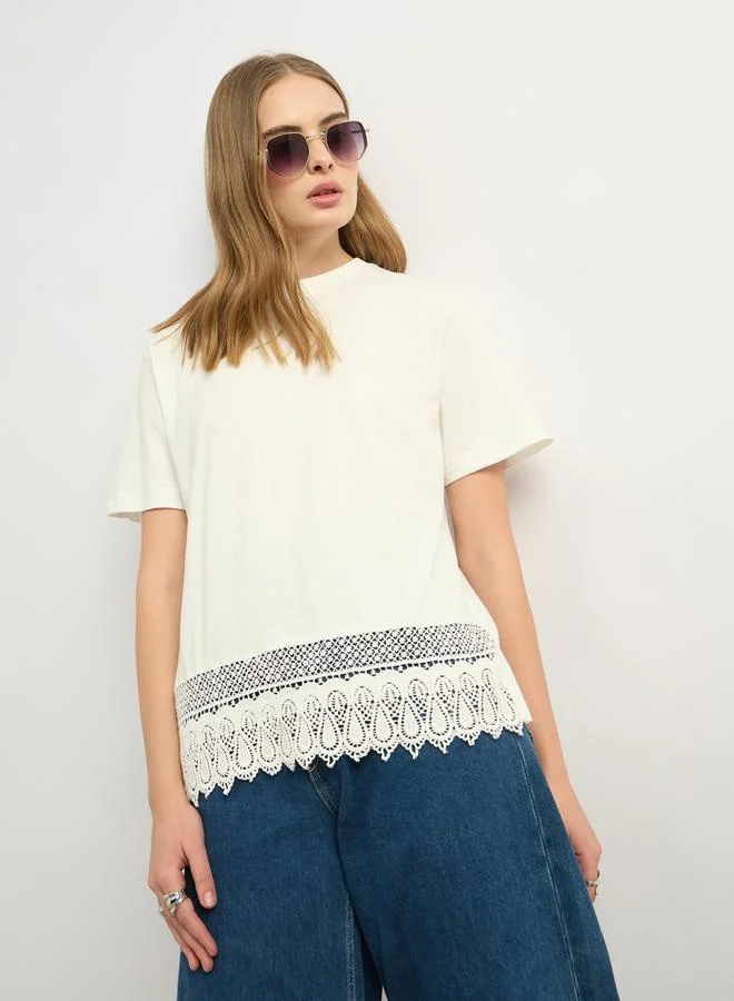 Styli Lace Hem Round Neck Boxy Fit T-Shirt
