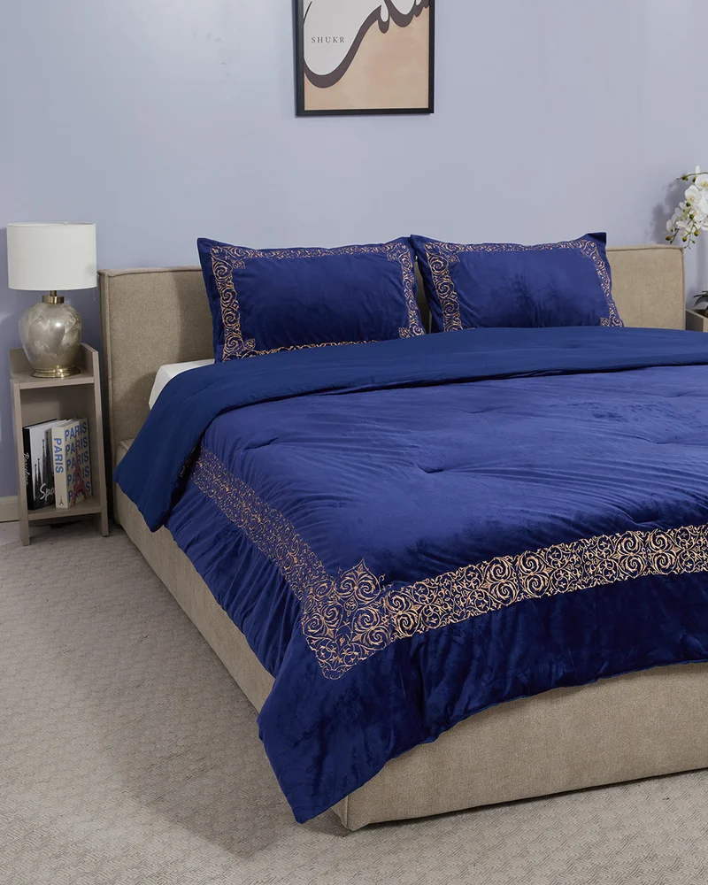 REDTAG Navy 3 Piece Embroidered Luxury Comforter Set (260 x 240 cm)