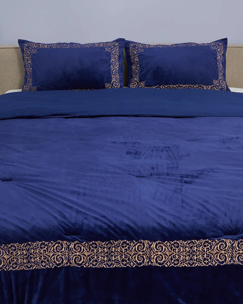 REDTAG Navy 3 Piece Embroidered Luxury Comforter Set (260 x 240 cm)