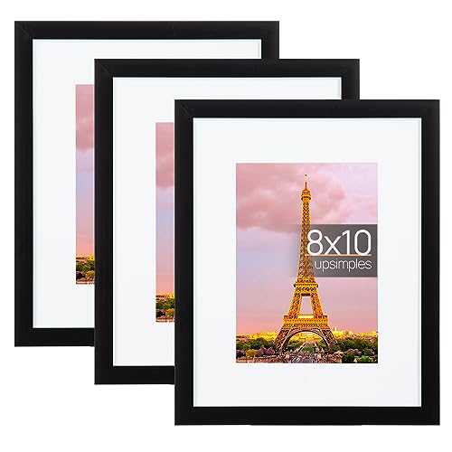upsimples 8x10 Picture Frame Set of 3 Made of High Definition Glass for 5x7 with Mat or 8x10 Without Mat Wall Mounting Photo Frames Black