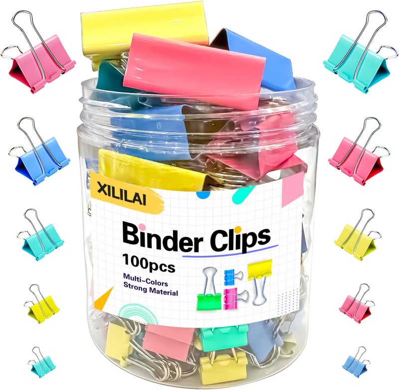 XILILAI Binder Clips, 100PCS Large Binder Clip Assorted Sizes, Medium Small Binder Clips for Paperwork, Bulldog, Office Clips, Paper Clamps, Colorful Binder Clip Set for Office and School Supplies - Image 1