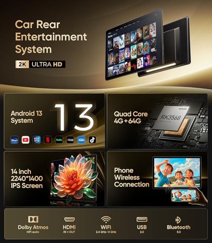 Seventour شاشة رأسية للسيارة 14 بوصة 4K أندرويد 13 مع نظام ترفيه خلفي للسيارات، تدعم ربط الهاتف لاسلكيًا وشاشة تعمل باللمس، مع WiFi/Bluetooth/HDMI/USB/مشغل فيديو (4G+64G(1*PC)) - Image 2