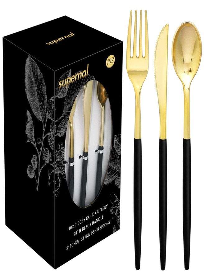 Supernal 102pcs Gold Plastic Silverware, Golden Cutlery with Black Handle, Disposable Flatware Collection, Includes 34 Plastic Forks and Spoons and Knives Ideal for Weddings, Parties, and Birthdays - Image 1