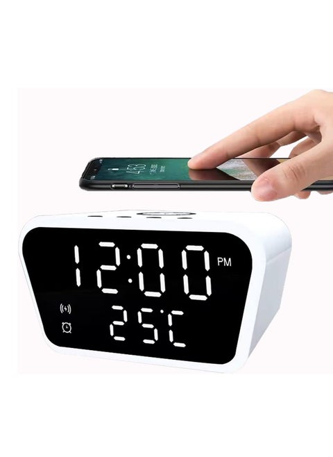 Digital Alarm Clocks with Fast Wireless Charging Snooze Alarm Clock for Heavy Sleepers 4 Brightness Adjustable Time Date Temperature Digital Display Wireless Charging Fit More Phone (White)