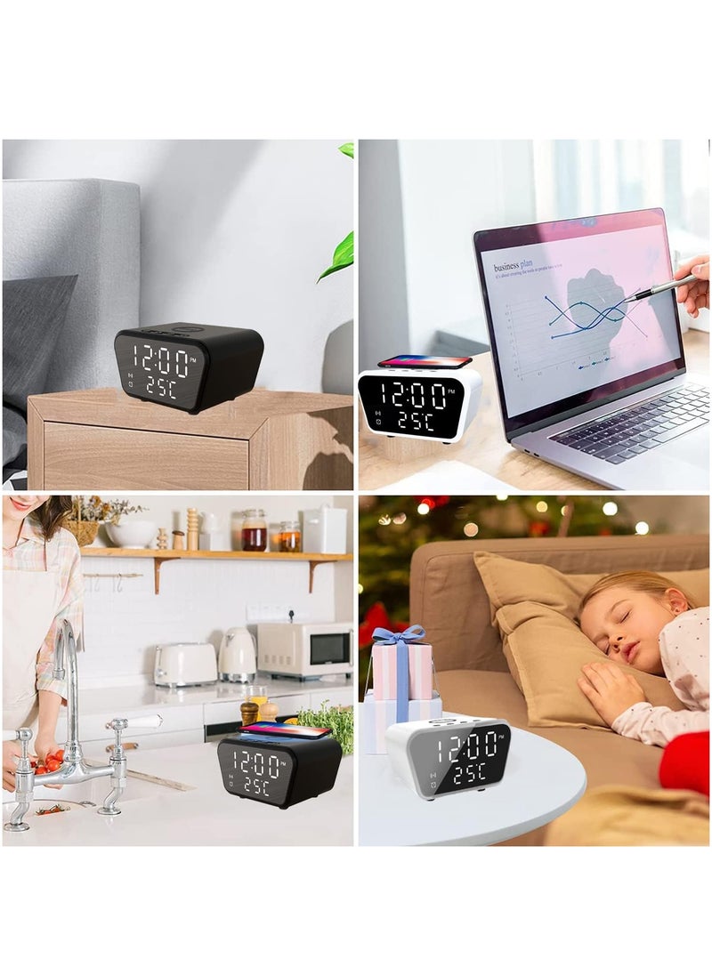 Digital Alarm Clocks with Fast Wireless Charging Snooze Alarm Clock for Heavy Sleepers 4 Brightness Adjustable Time Date Temperature Digital Display Wireless Charging Fit More Phone (White)