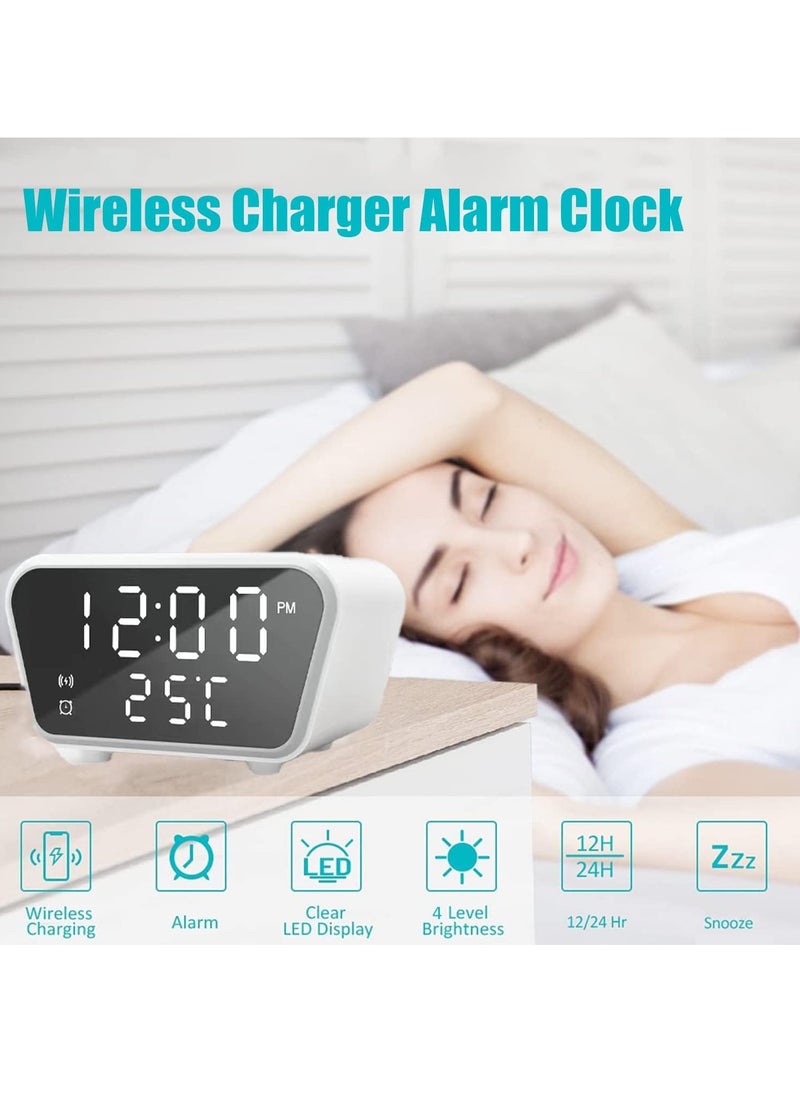 Digital Alarm Clocks with Fast Wireless Charging Snooze Alarm Clock for Heavy Sleepers 4 Brightness Adjustable Time Date Temperature Digital Display Wireless Charging Fit More Phone (White)
