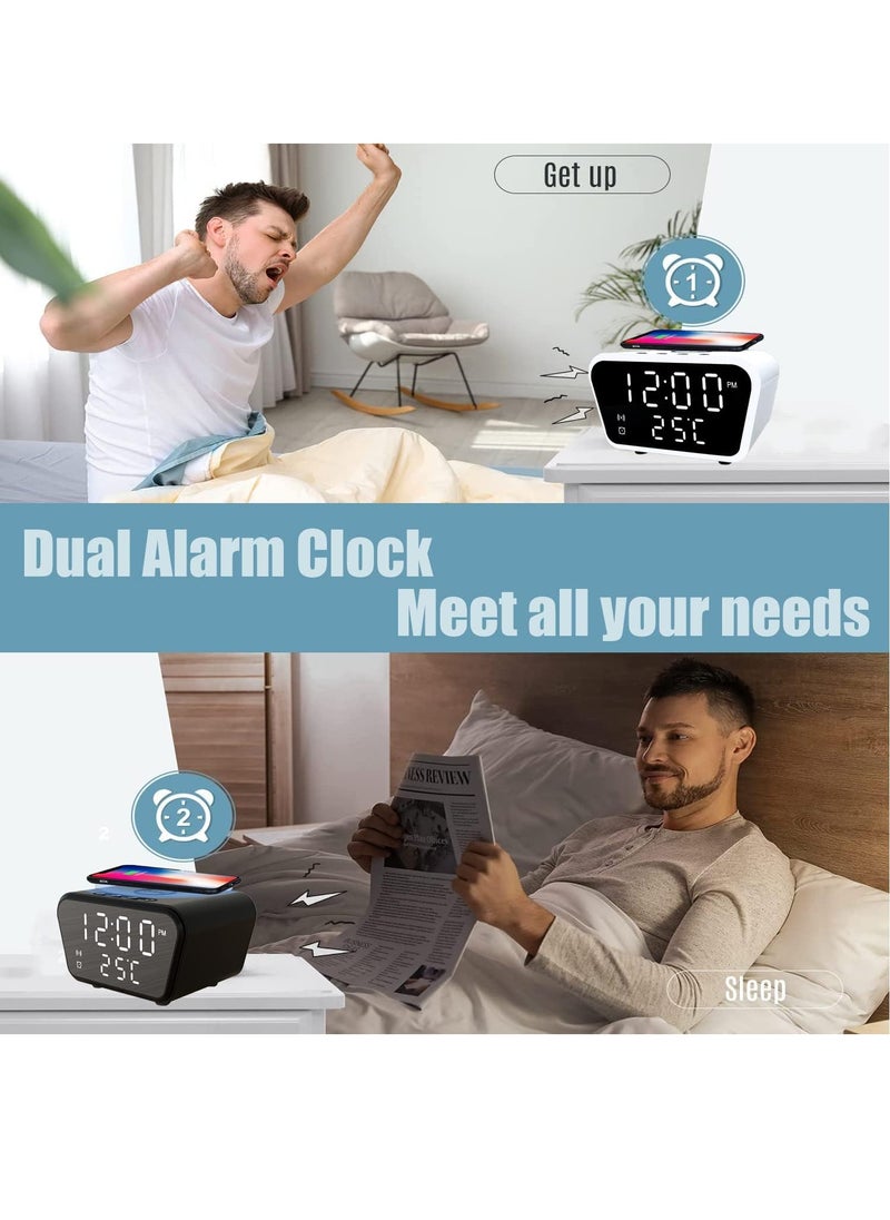 Digital Alarm Clocks with Fast Wireless Charging Snooze Alarm Clock for Heavy Sleepers 4 Brightness Adjustable Time Date Temperature Digital Display Wireless Charging Fit More Phone (White)