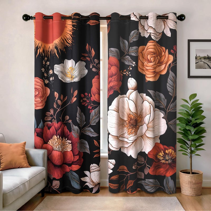 XWZO Boho Floral Blackout Curtains for Bedroom, Flower Patterned Vintage Curtains Mid Century Botanical Printed Black Out Curtain 84 Inch Length 2 Panels for Living Room Grommet Top Bohemian Decor - Image 1